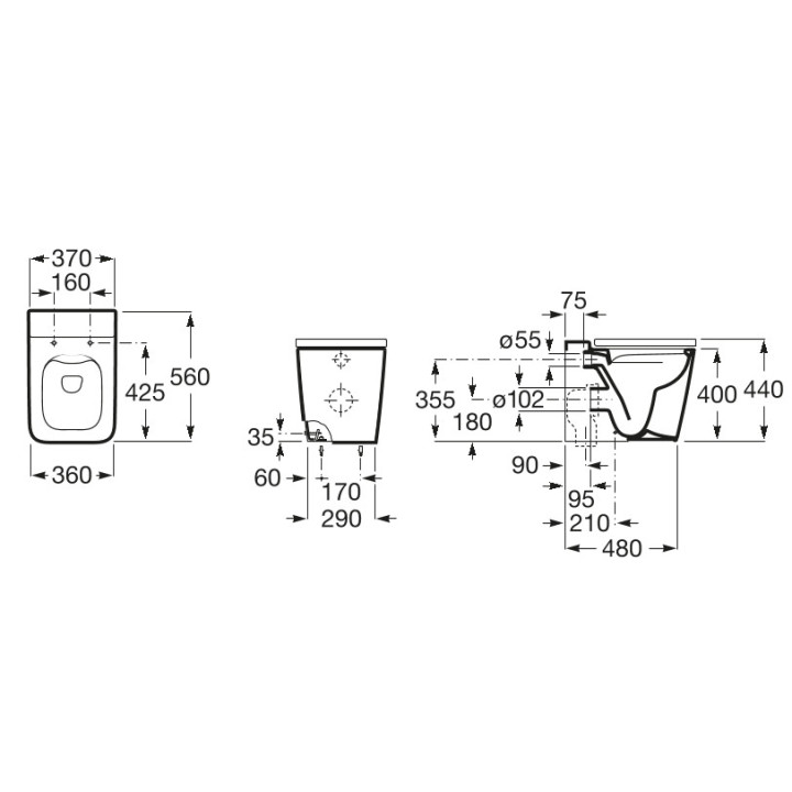 Miska stojąca Roca Inspira Round Rimless, 56x37cm, odpływ podwójny, bezkołnierzowa, biała