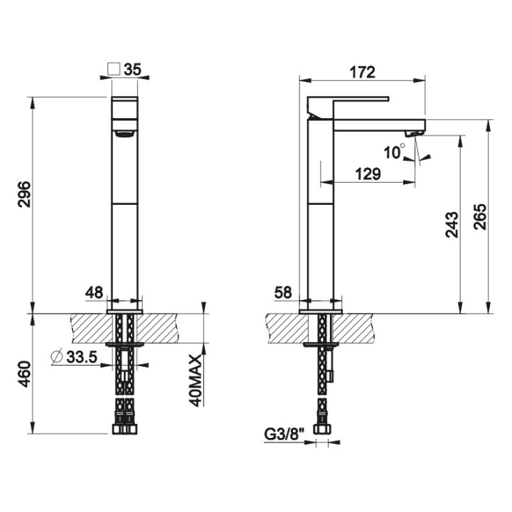 Bateria umywalkowa Gessi Rettengolo, stojąca, wysokość 296mm, bez korka, chrom