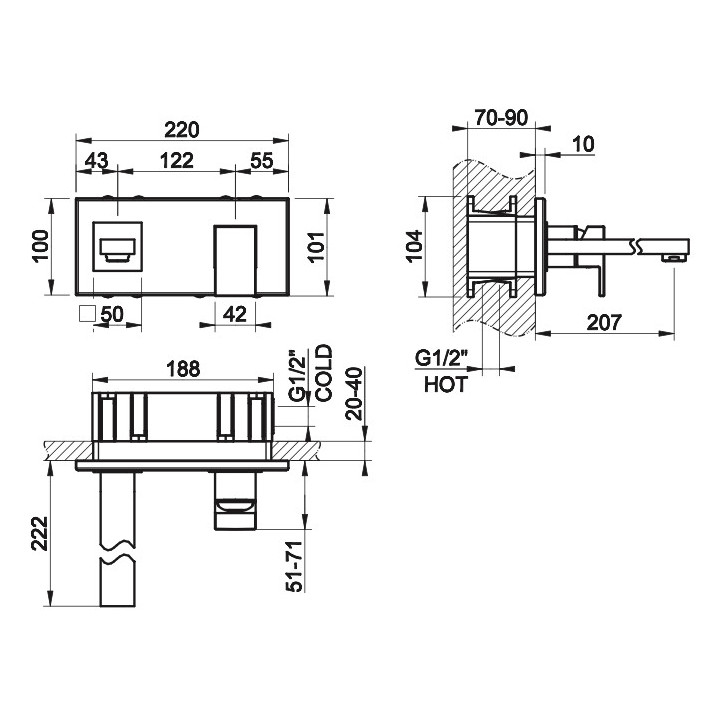 Bateria umywalkowa Gessi Rettengolo, ścienna, wylewka 147mm, element natynkowy, chrom