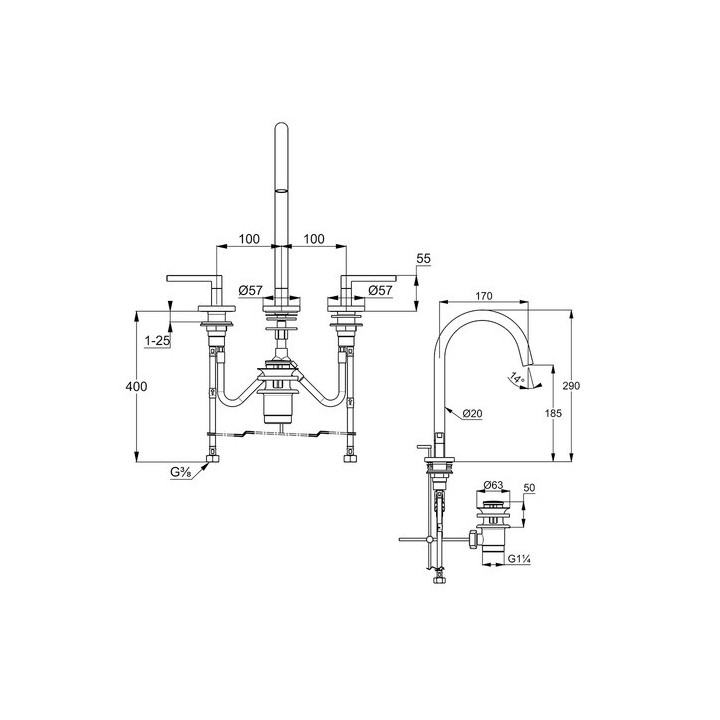 Bateria umywalkowa 3-otworowa Kludi Nova Fonte Puristic, stojąca, uchwyty proste, chrom