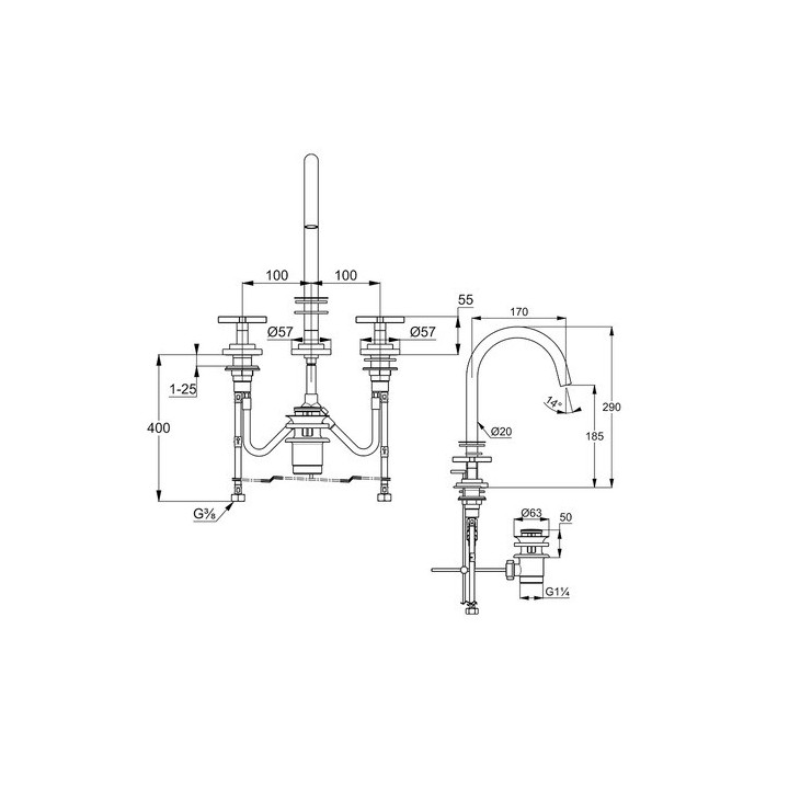 Bateria umywalkowa 3-otworowa Kludi Nova Fonte Puristic, stojąca, uchwyty proste, chrom