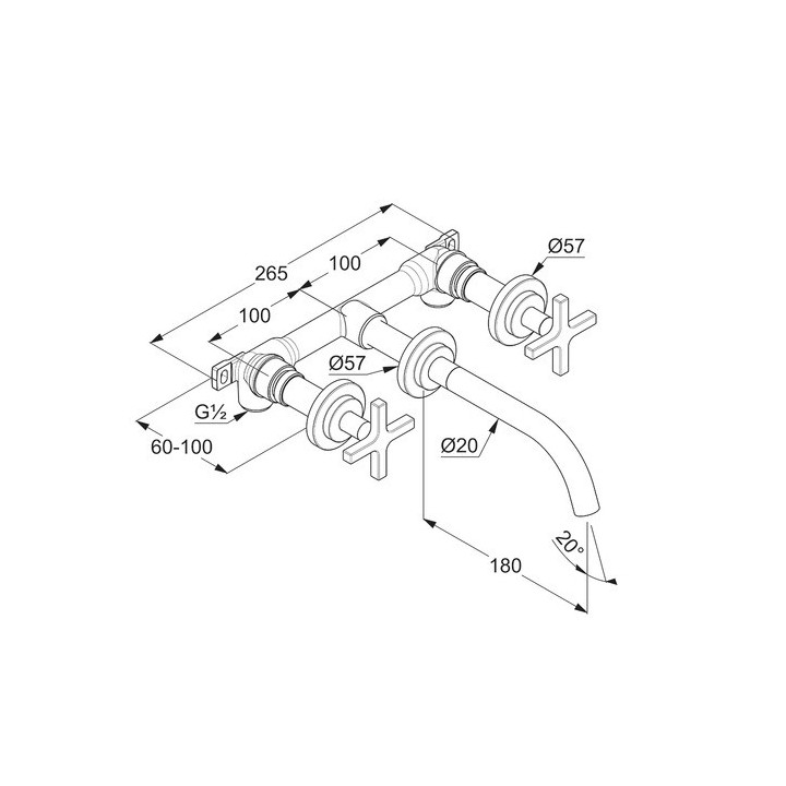 Bateria umywalkowa 3-otworowa Kludi Nova Fonte Puristic, ścienna, wylewka 180mm, uchwyty proste, chrom