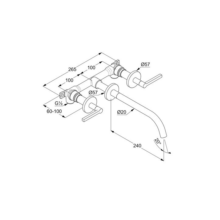 Bateria umywalkowa 3-otworowa Kludi Nova Fonte Puristic, ścienna, wylewka 180mm, uchwyty proste, chrom