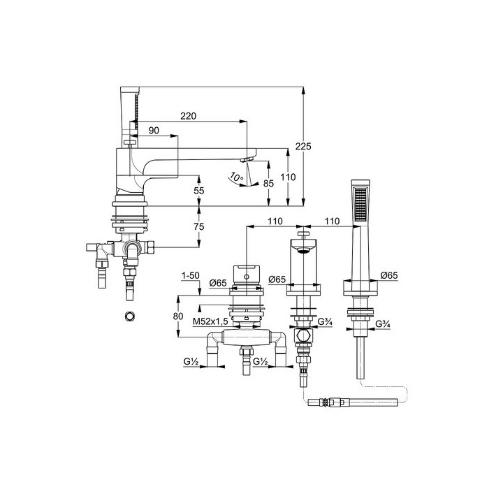 Bateria umywalkowa 3-otworowa Kludi Zenta SL, stojąca, uchwyty proste, chrom
