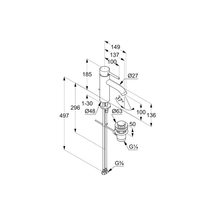 Bateria umywalkowa Kludi Bozz 75, stojąca, wysokość 160mm, korek automatyczny, chrom