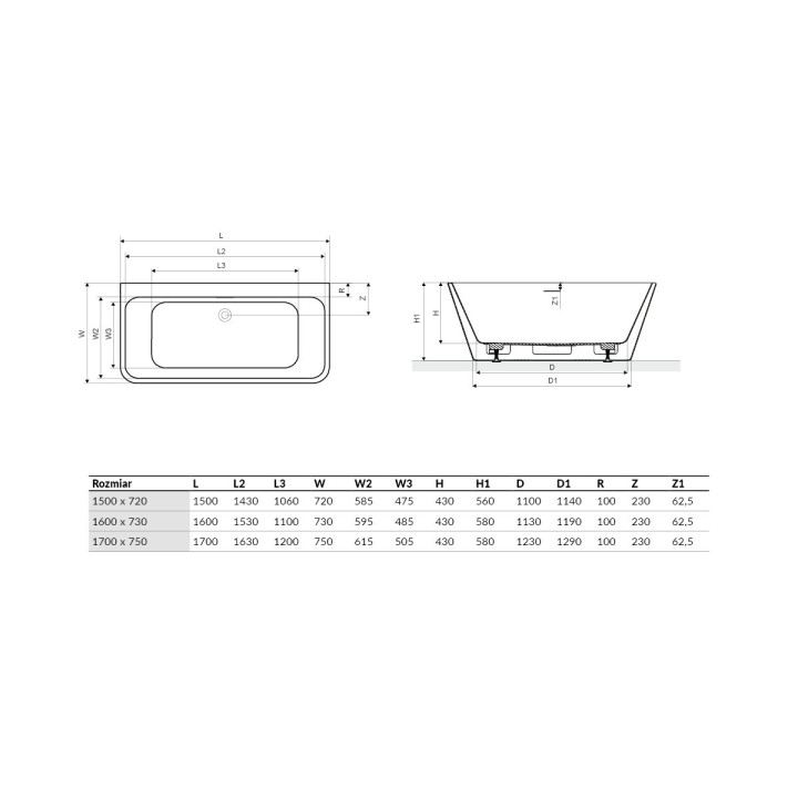 Wanna wolnostojąca przyścienna Excellent Lila 2.0, 170x75cm, akrylowa, z przelewem, biała