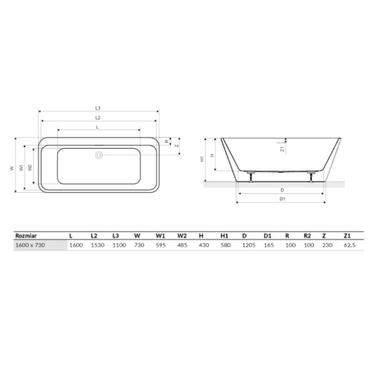 Wanna wolnostojąca przyścienna Excellent Lila 2.0, 150x72cm, akrylowa, z przelewem, biała