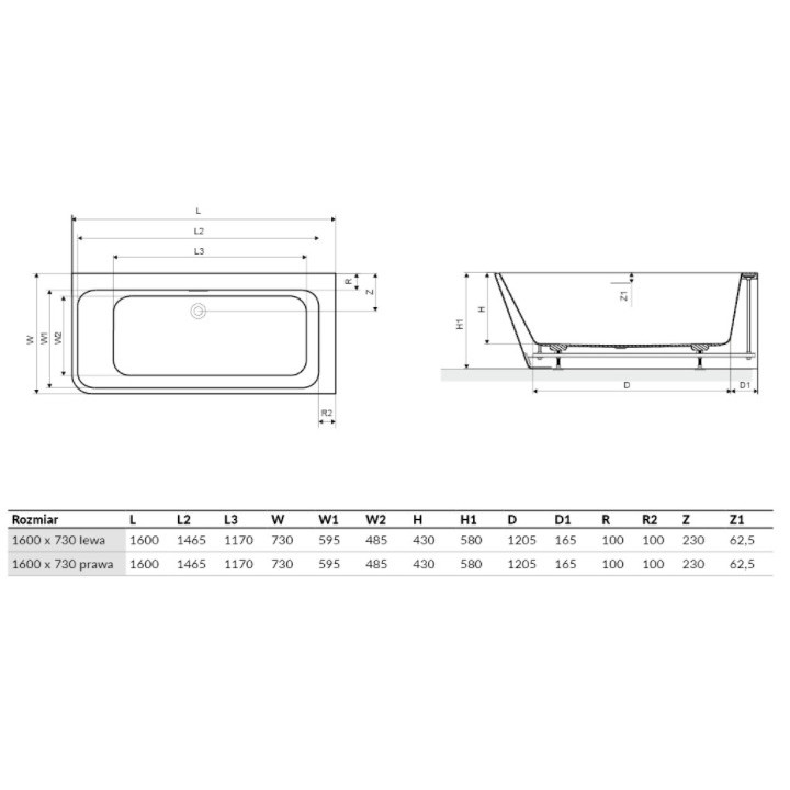 Wanna wolnostojąca przyścienna Excellent Lila 2.0, 150x72cm, akrylowa, z przelewem, biała