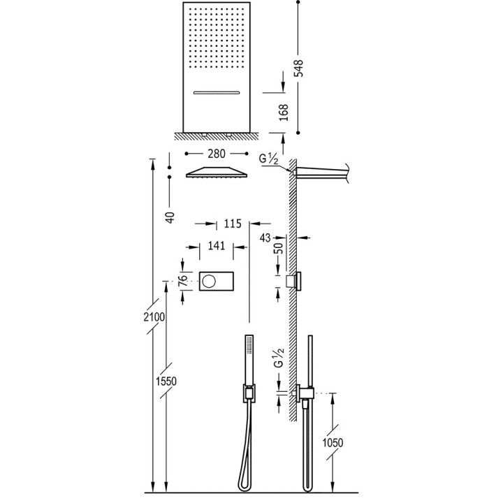 Elektroniczny zestaw prysznicowy Tres Shower Technology, podtynkowy, termostatyczny, deszczownica 300mm, czarny mat 