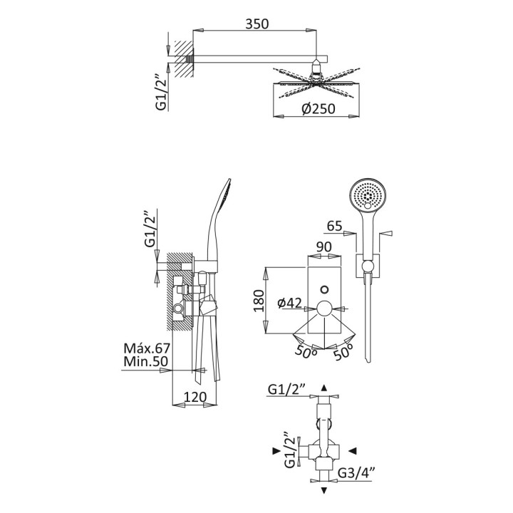 Bateria umywalkowa Bruma Lusa, ścienna, 2-otworowa, wylewka 230mm, sunrise