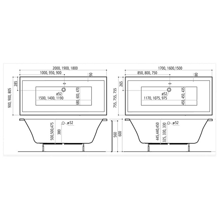 Wanna prostokątna Ruben Go 180x80cm, z systemem hydromasażu Maxus, biała
