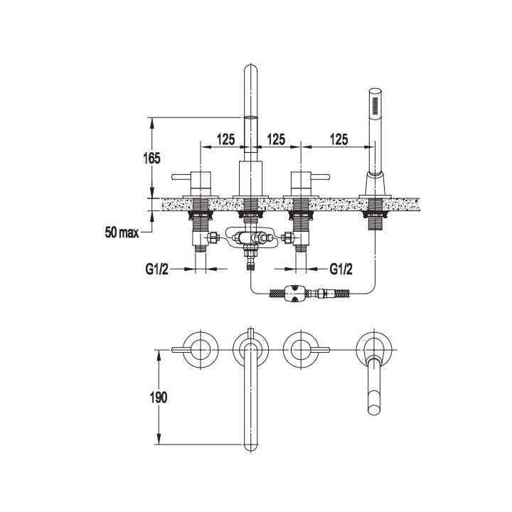 Bateria wannowa 4-otworowa Omnires Y, z słuchawką 1-funkcyjną, nikiel 
