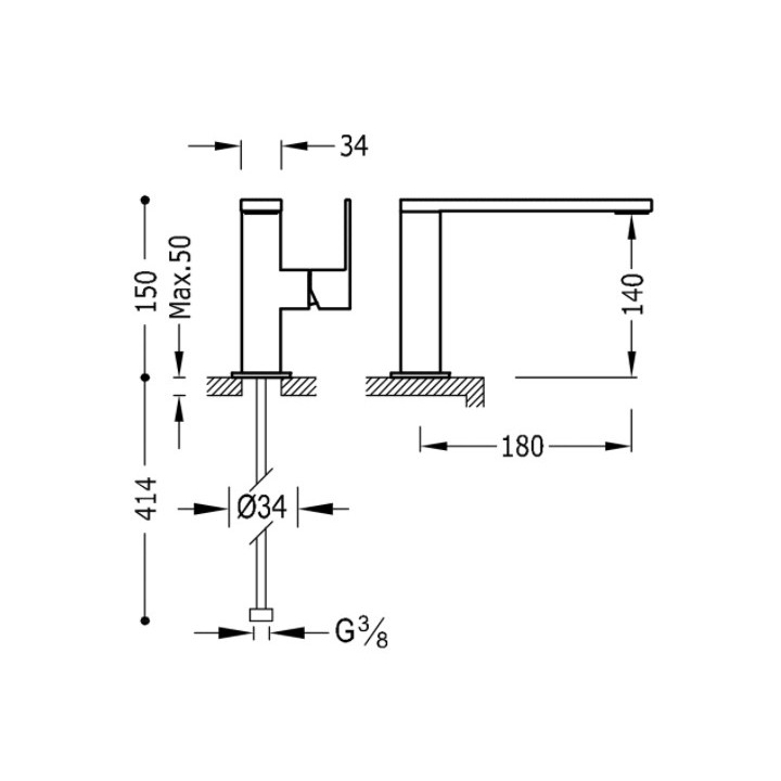 Bateria umywalkowa Tres Caudro Colors, stojąca, wysokość 150mm, wylewka 34x10mm, złoty matowy