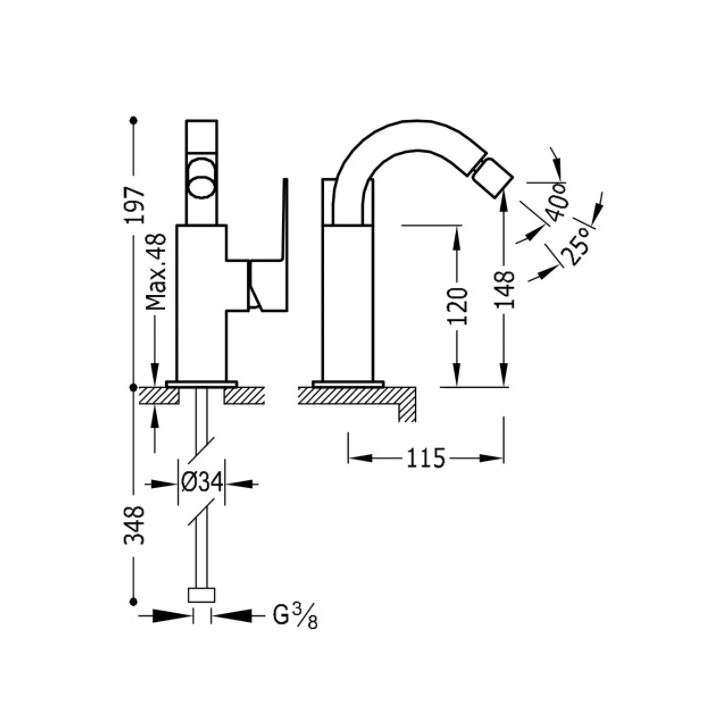 Bateria bidetowa Tres Caudro Colors, stojąca, wysokość 115mm, złoty matowy