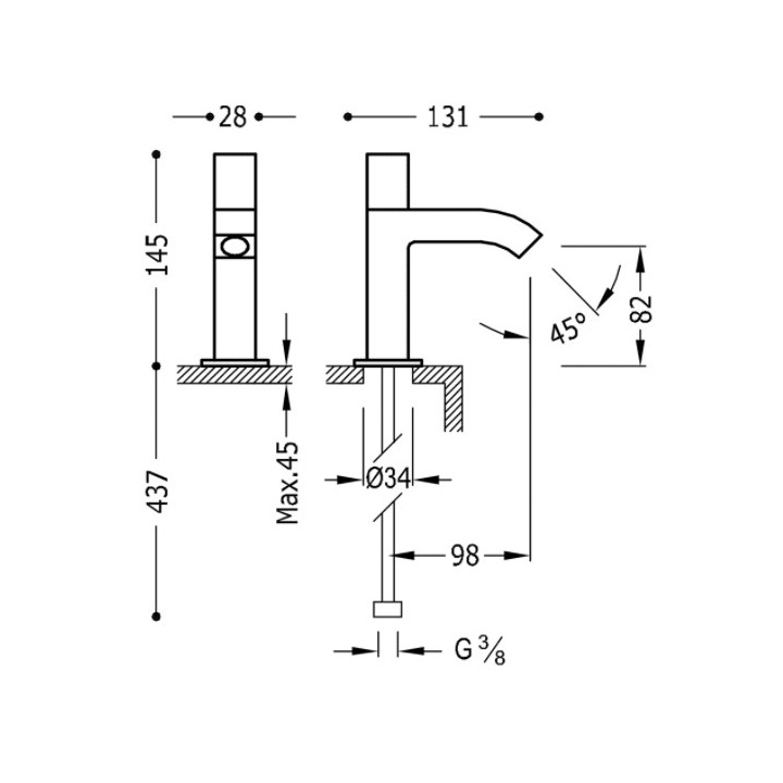 Bateria bidetowa Tres Caudro Colors, stojąca, wysokość 115mm, złoty matowy