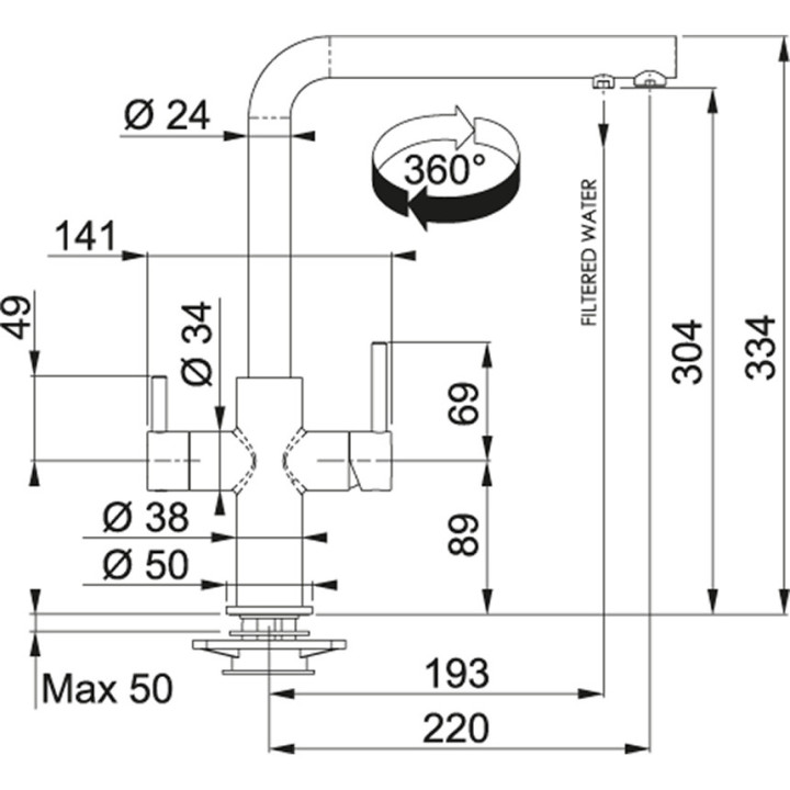 Bateria kuchenna Franke Old Scotland Clear Water, obracana wylewka, wysokość 295mm, filtrowanie wody, chrom
