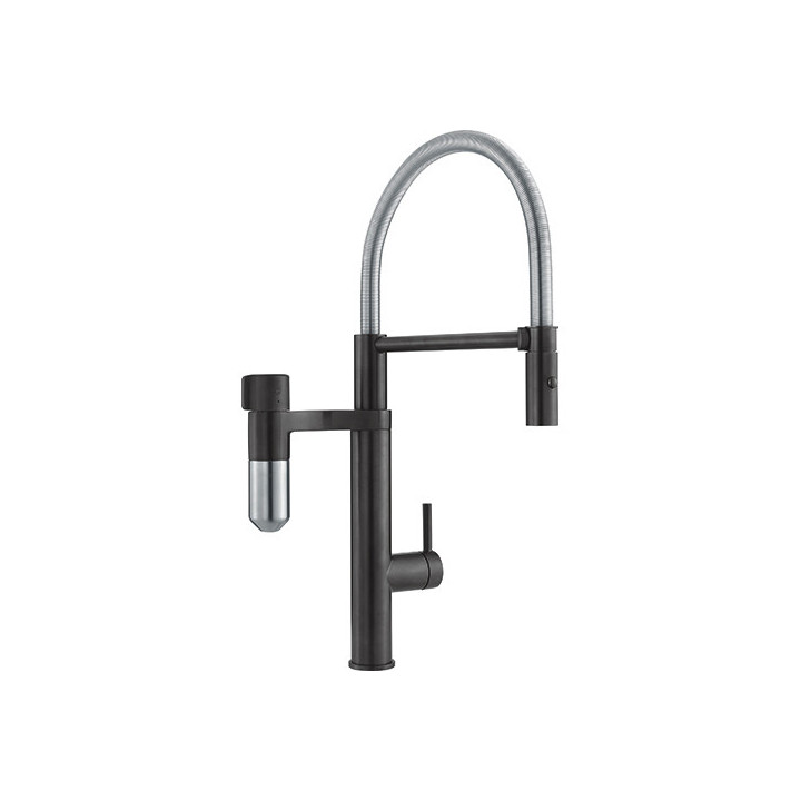 Bateria kuchenna Franke Vital J, obracana wylewka, wysokość 477mm, filtrowanie wody, czarny mat/stal szlachetna