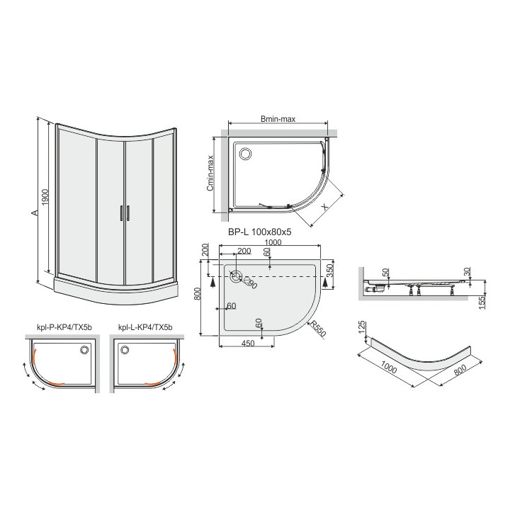 Kabina narożna asymetryczna Sanplast kpl-L-KP4/TX5b-80x100-S sbW0, lewa, szkło przejrzyste, 100x80cm, profil srebrny błyszczący