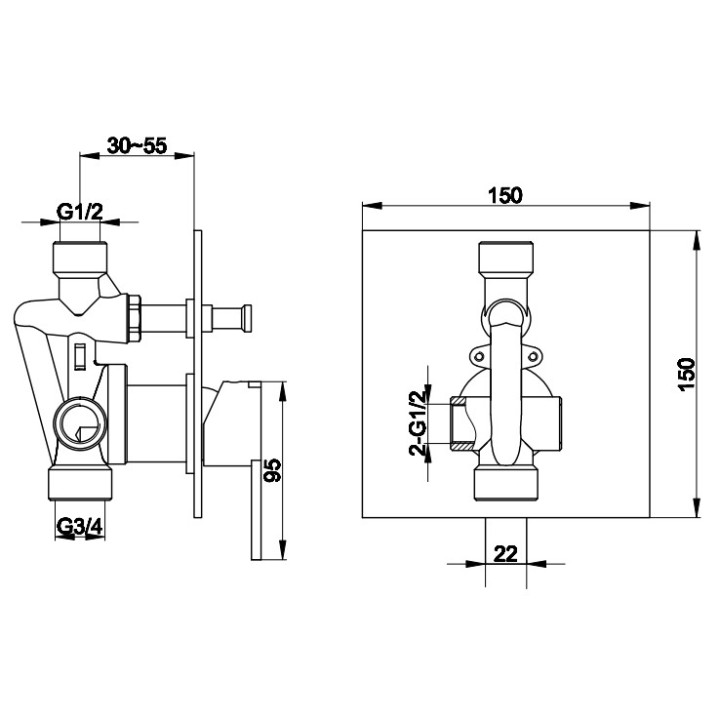 Bateria wannowa Kohlman Proxima, podtynkowa, 2 wyjścia wody, przełącznik ciśnieniowy, chrom