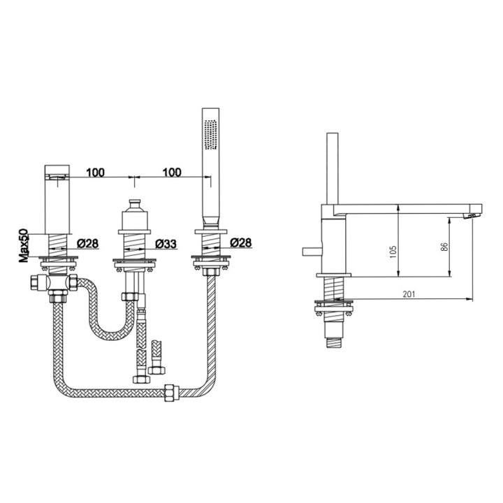 Bateria wannowa 3-otworowa Kohlman Excelent, stojąca, zestaw natryskowy, chrom