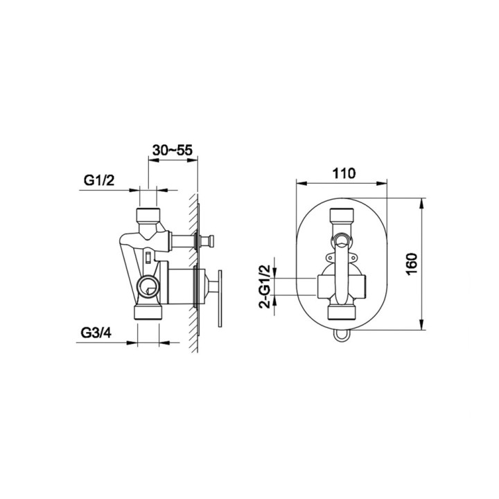 Bateria wannowa Kohlman Gixs, podtynkowa, 2 wyjścia wody, przełącznik ciśnieniowy, chrom