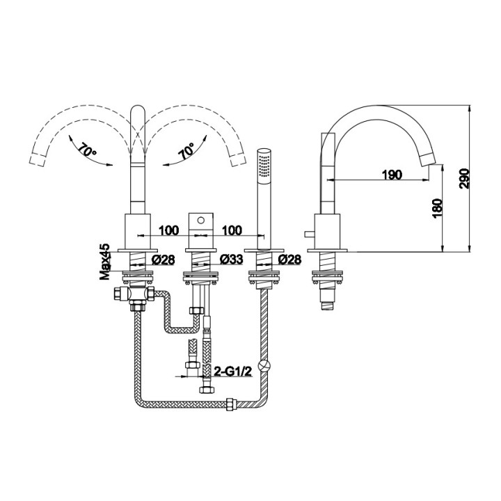 Bateria wannowa 3-otworowa Kohlman Gixs, stojąca, obracana wylewka, chrom
