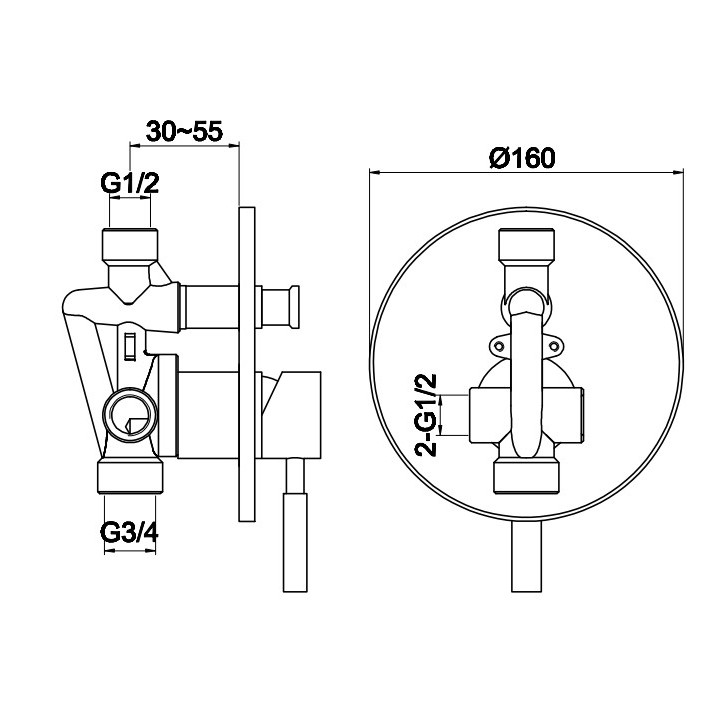 Bateria wannowa Kohlman Boxine, podtynkowa, 2 wyjścia wody, przełącznik ciśnieniowy, chrom
