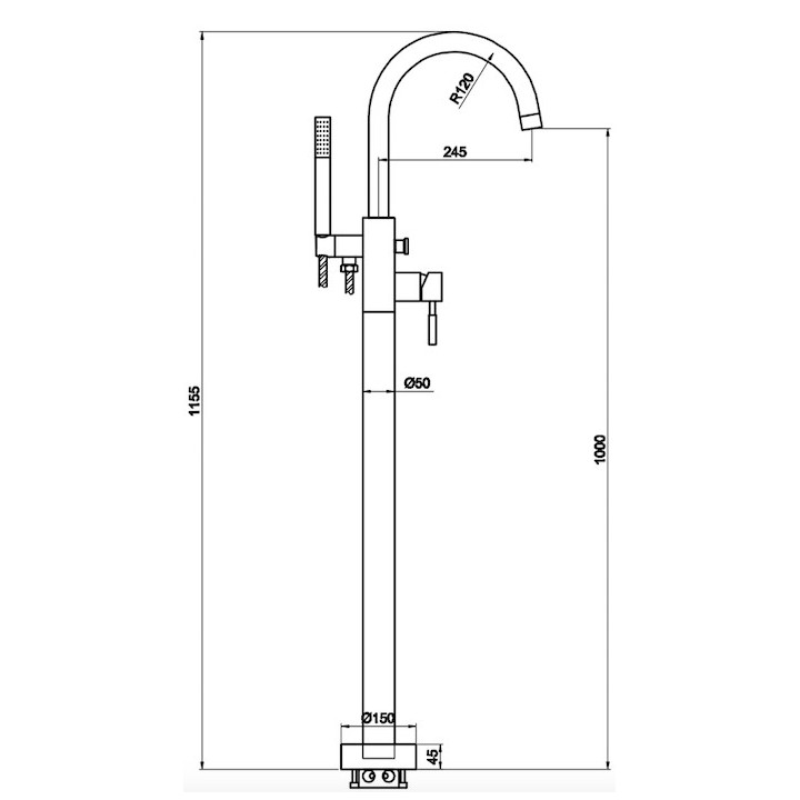 Bateria wannowa wolnostojąca Kohlman Excelent, wysokość 945mm, zestaw natryskowy, chrom