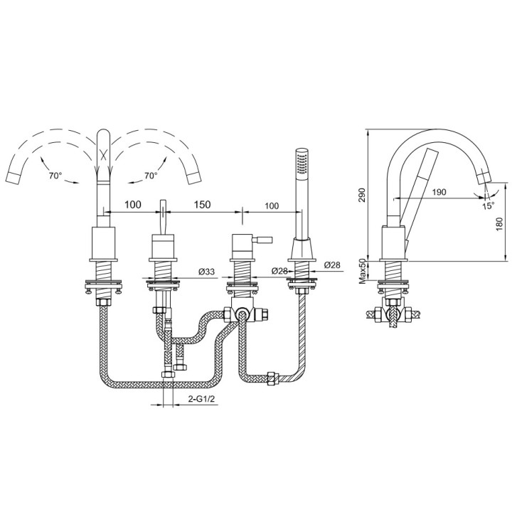 Bateria wannowa 4-otworowa Kohlman Proxima, stojąca, 2 wyjścia wody, chrom