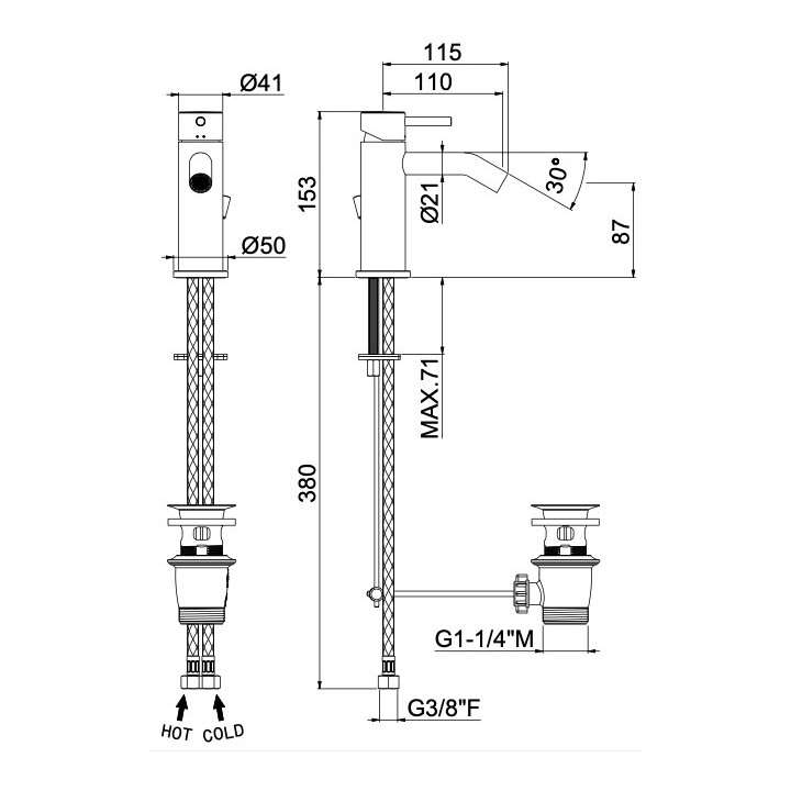 Bateria umywalkowa Vema Maira, stojąca, wysokość 168mm, bez korka, chrom