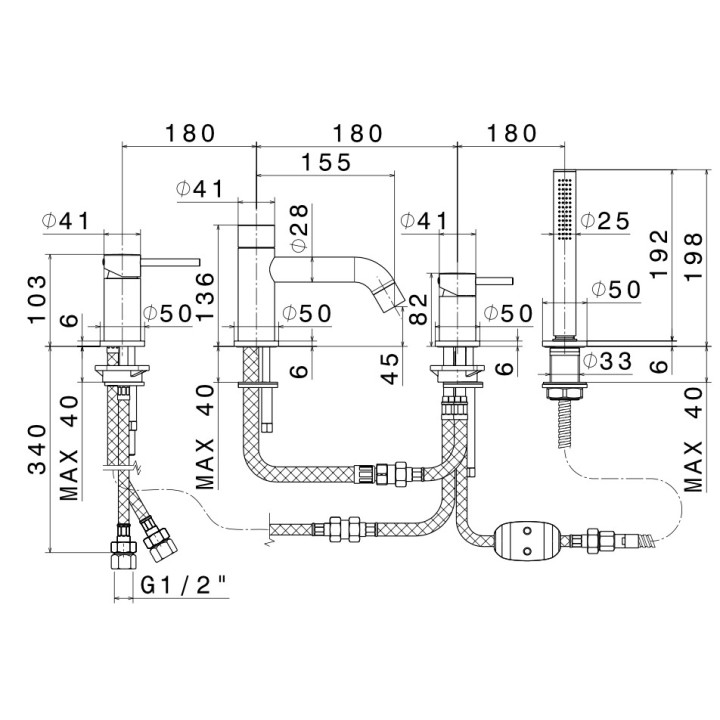 Bateria wannowa Vema Maira, natynkowa, wylewka 204mm, z zestawem natryskowym, chrom