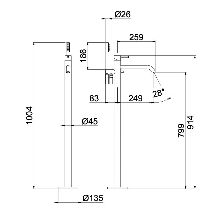 Bateria wannowa 4-otworowa Vema Maira, stojąca, wylewka 155mm, z zestawem natryskowym, chrom