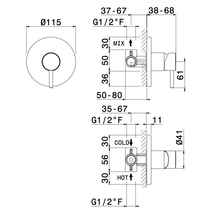 Bateria natryskowa Vema Maira, jednouchwytowa, rozeta 80mm, chrom