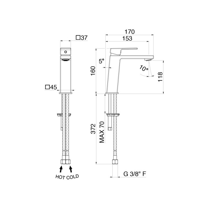 Bateria umywalkowa Vema Maira, stojąca, wysokość 168mm, bez korka, chrom