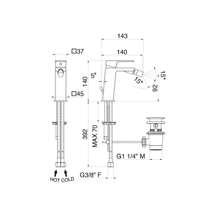 Bateria umywalkowa Vema Lys, stojąca, wysokość 160mm, bez korka, chrom