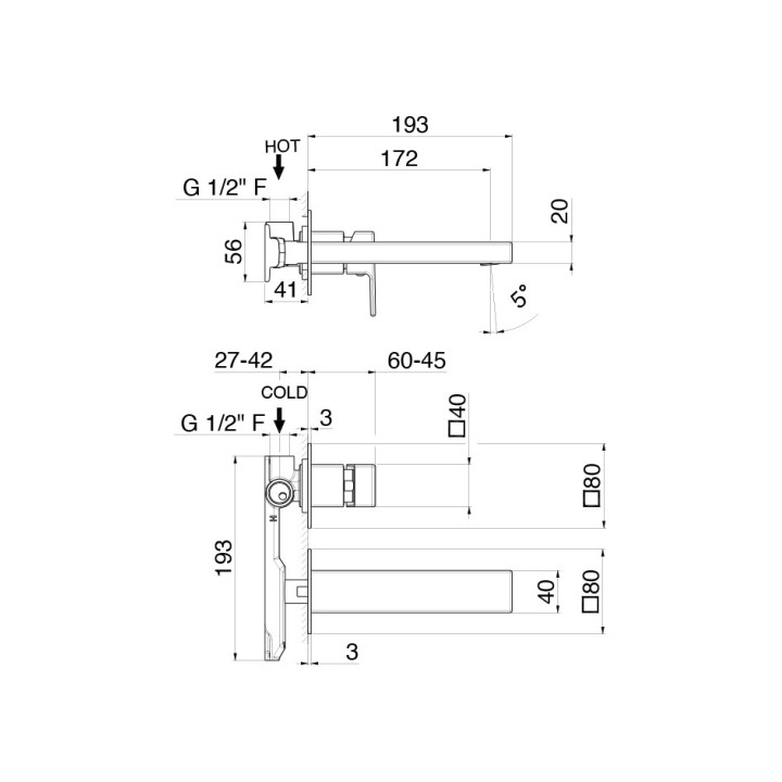 Bateria umywalkowa Vema Lys, stojąca, wysokość 270mm, bez korka, chrom