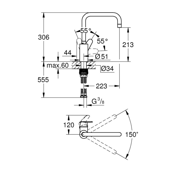 Bateria zlewozmywakowa Grohe Eurodisc Cosmopolitan, stojąca, wysokość 306mm, obrotowa wylewka, chrom