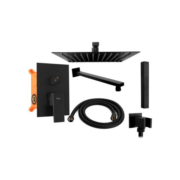 Zestaw natryskowy Rea Fenix, podtynkowy, 2 wyjścia wody, kwadratowa deszczownica 25cm, czarny mat
