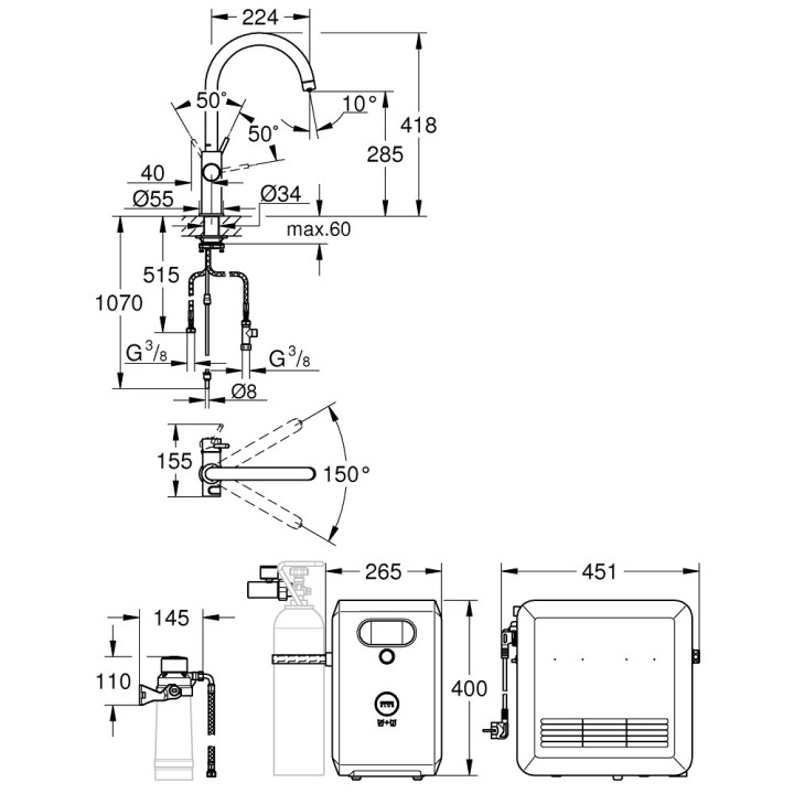 Zestaw Grohe Blue Professional, jednostka chłodząca z baterią w kształcie C, do wody gazowanej, obracana wylewka, chrom 