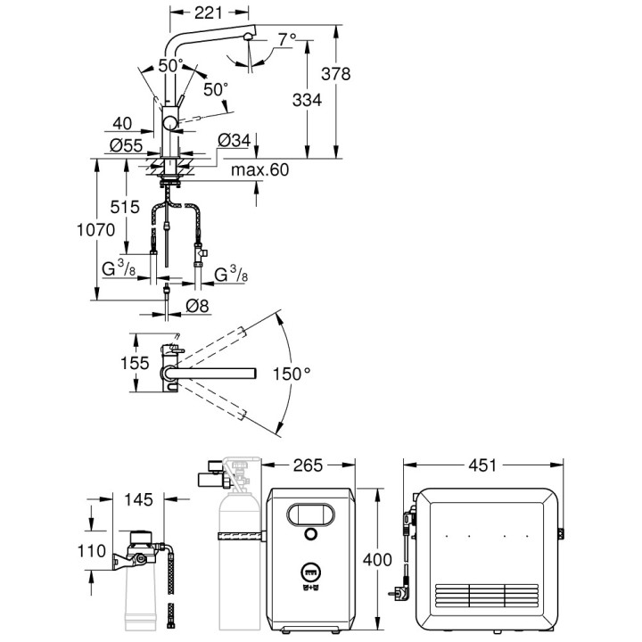 Zestaw Grohe Blue Professional, jednostka chłodząca z baterią w kształcie C, do wody gazowanej, obracana wylewka, chrom 