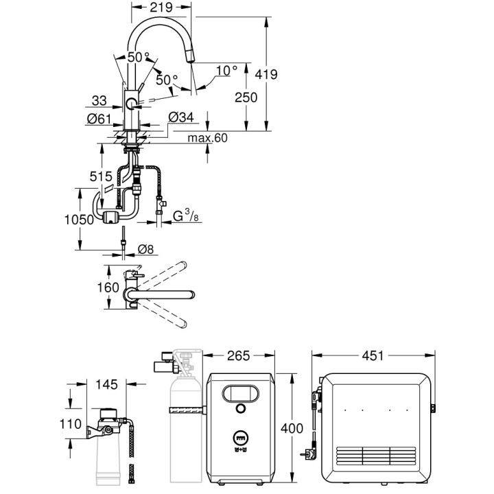 Zestaw Grohe Blue Professional, jednostka chłodząca z baterią w kształcie C, do wody gazowanej, obracana wylewka, chrom 