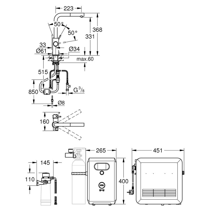 Zestaw Grohe Blue Professional, jednostka chłodząca z baterią w kształcie C, do wody gazowanej, wyciągana i obracana wylewka, ch