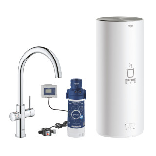 Zestaw startowy Grohe Blue Pure z baterią kuchenną Eurosmart w kształcie C, filtrowanie wody, obracana wylewka, chrom