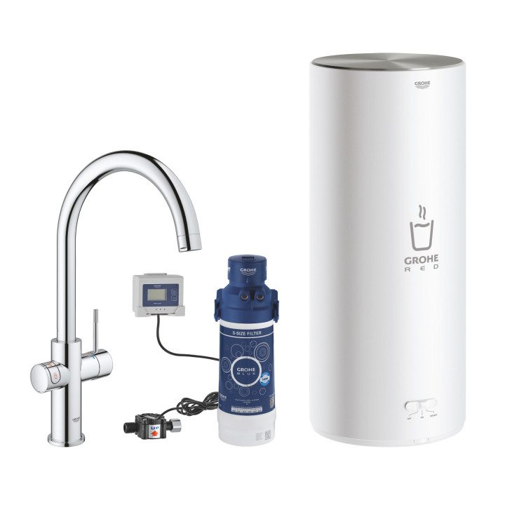 Zestaw startowy Grohe Blue Pure z baterią kuchenną Eurosmart w kształcie C, filtrowanie wody, obracana wylewka, chrom
