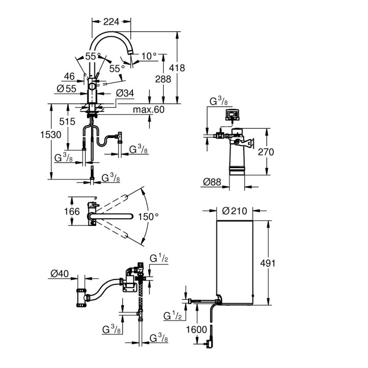 Zestaw startowy Grohe Blue Pure z baterią kuchenną Eurosmart w kształcie C, filtrowanie wody, obracana wylewka, chrom