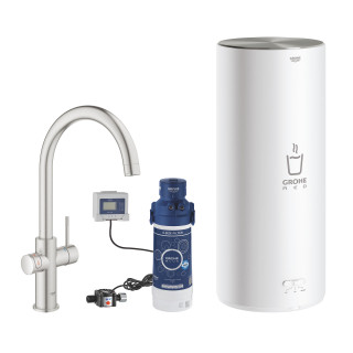 Zestaw startowy Grohe Blue Pure z baterią kuchenną Eurosmart w kształcie C, filtrowanie wody, obracana wylewka, chrom