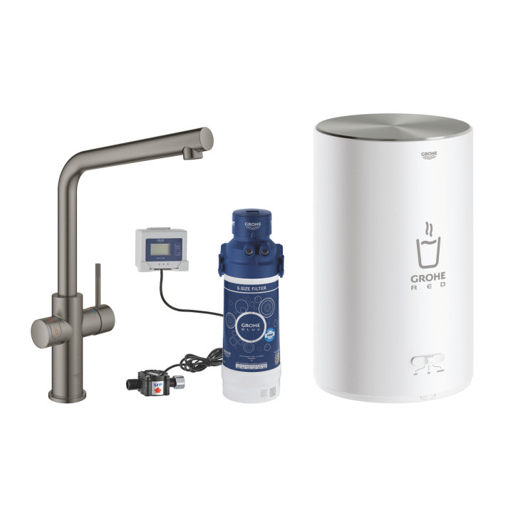 Zestaw Grohe Red Duo z baterią kuchenną w kształcie C oraz bojlerem w rozmiarze M, obracana wylewka, chrom