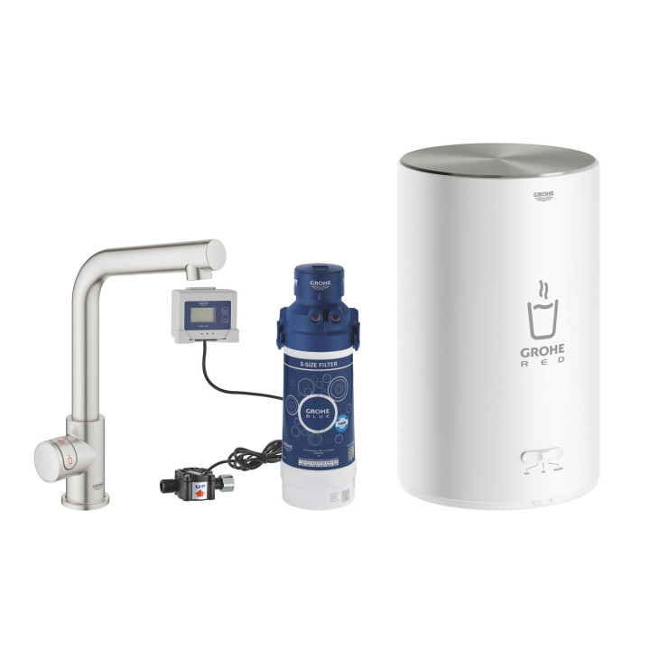 Zestaw Grohe Red Duo z baterią kuchenną w kształcie L oraz bojlerem w rozmiarze M, obracana wylewka, chrom