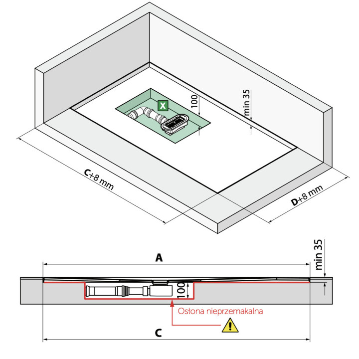 Brodzik prostokątny Novellini Custom Touch, 100x80cm, montaż na posadzce, wysokość 3,5cm, akryl, biały mat