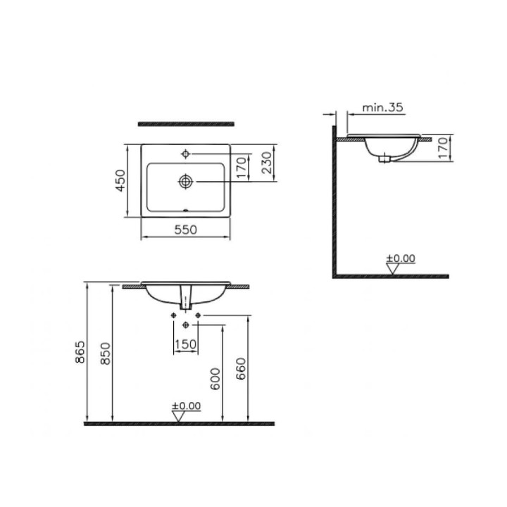 Umywalka wpuszczana w blat Vitra S20, 55xx45cm, z przelewem, otwór na baterię, biała